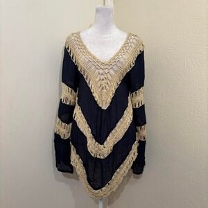 Beach Boho Hippie 70s Macrame Woven Sheer Gauze Cotton Blend Top Sz M Beach